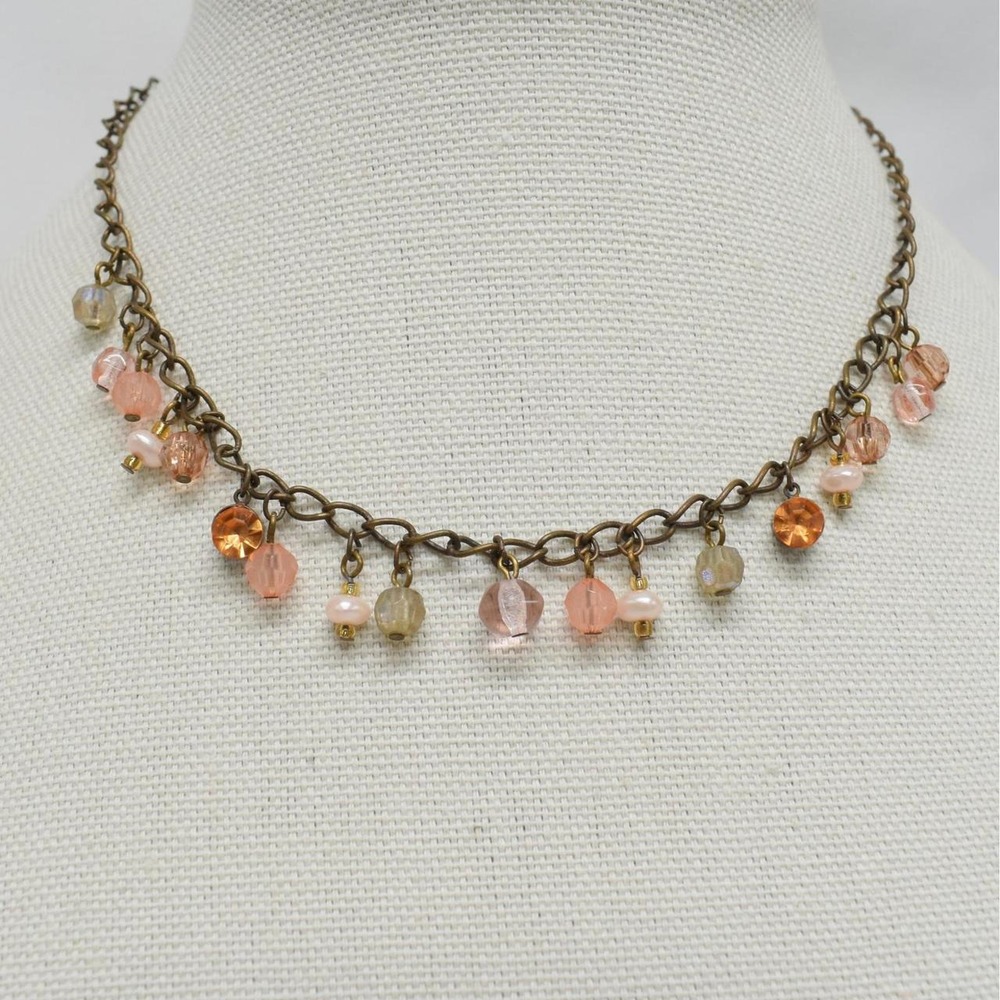Beaded Charm Drop Necklace Pink Orange Brass Tone Dainty Boho Fairy Cottagecore